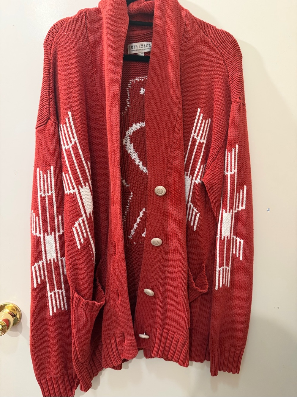 Idyllwind Red Shawl Collar Button-Front Cardigan with White Geometric Pattern